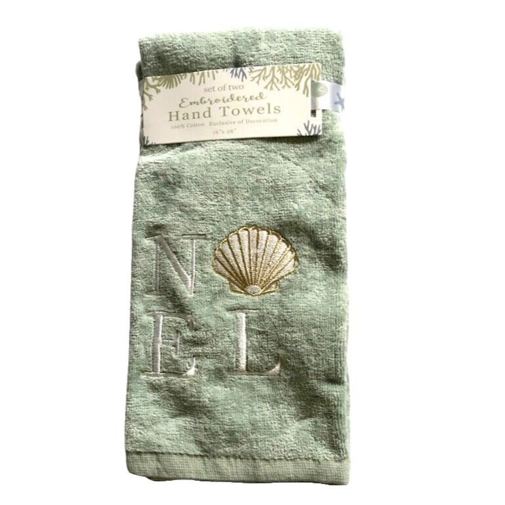 Christmas Nautical Hand Towels Set of 2 Holiday Noel Shell Embroidered Beach